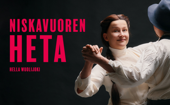 Mustalla taustalla nainen ja mies tanssimassa. Nainen katsoo suoraan kameraan, mies puolestaan on selin kameraan. Punaisella teksti: 