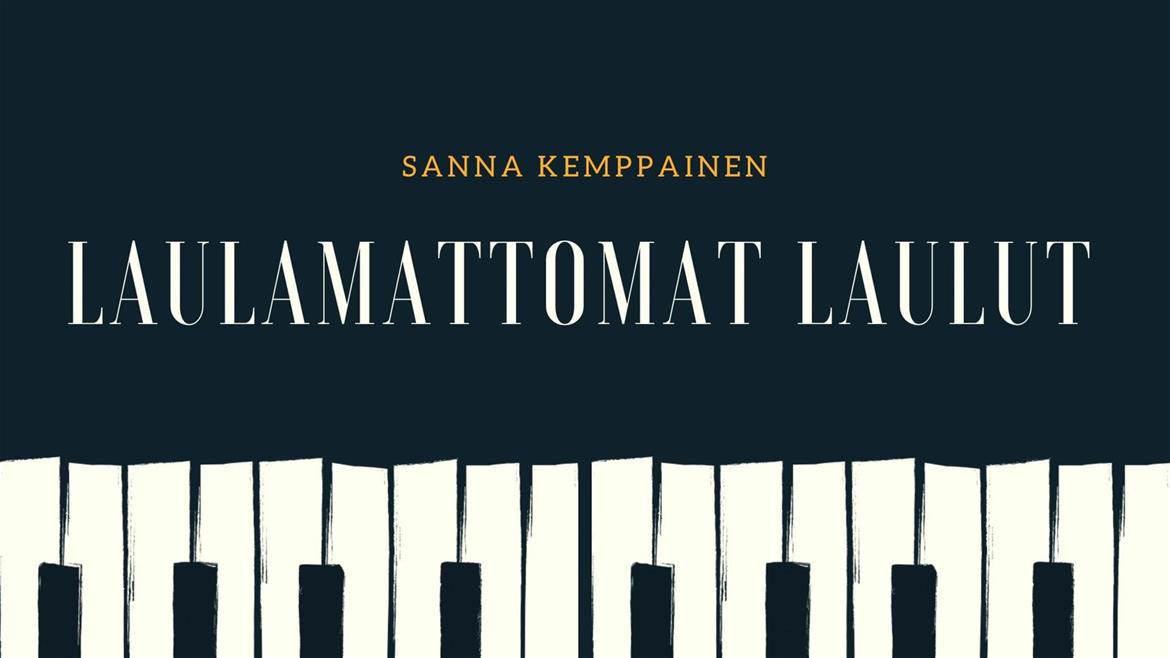 Kuvitetut pianon koskettimet tummalla taustalla.