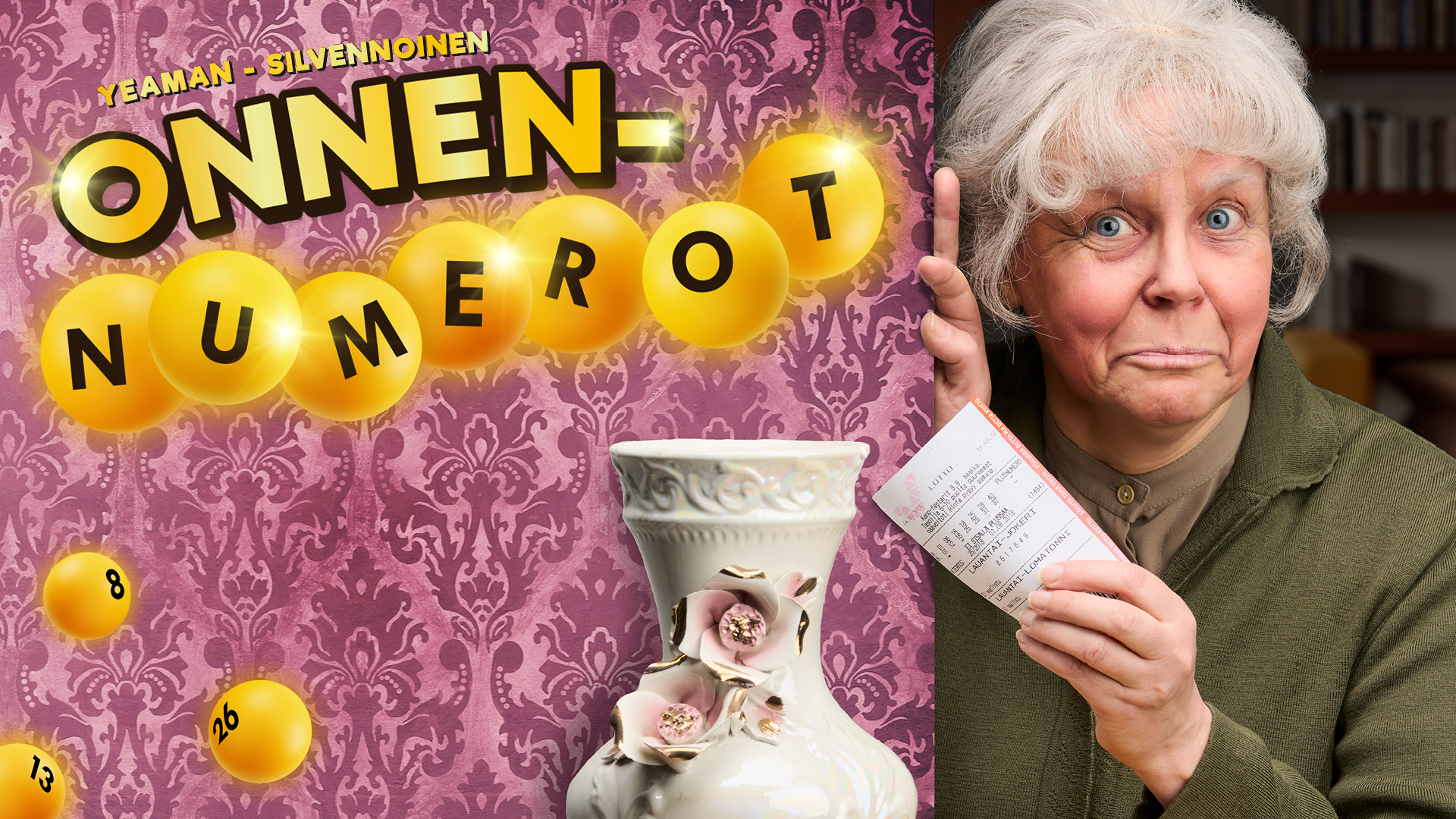 Ovelasti hymyilevä mummo kurkistaa seinän takaa ja ojentaa kädessään olevaa lottokuponki kohti maljakkoa. Yläreunassa teksti: "Yeaman – Silvennoinen: Onnennumerot."