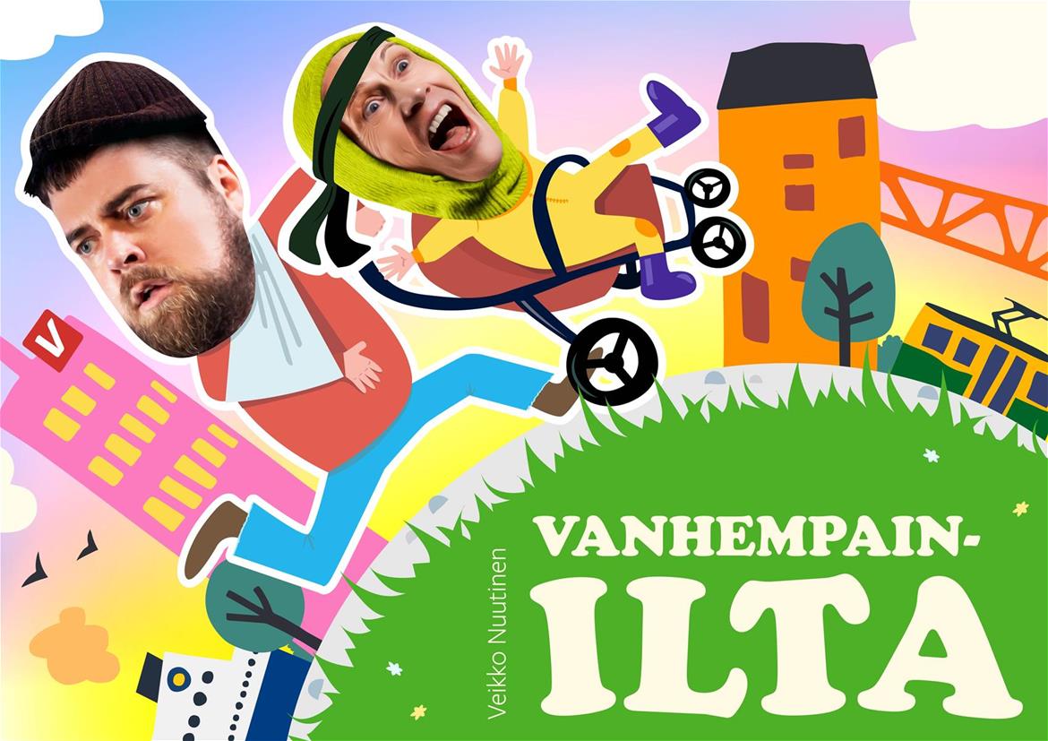 Stressaantunut mies juoksee ja työntää lastenrattaita, joiden kyydissä on naurava lapsi. Taustalla näkyy kaupunkimaisemaa ja auringonlasku. Alareunassa teksti: 