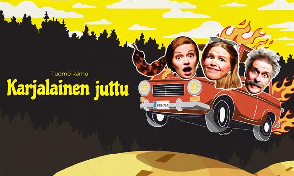 Palava punainen auto ajaa maantietä. Auton kyydissä ovat epäuskoisen näköinen nuori nainen, kauhistunut nuori nainen sekä hämmästynyt vanha mies. Keskellä ylhäällä teksti: Karjalainen juttu. Piirroskuva.