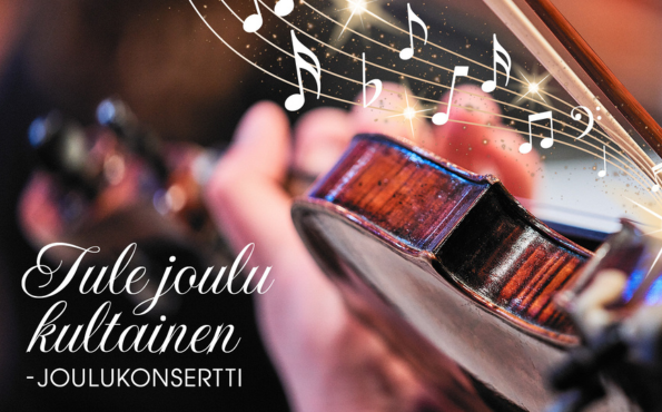 Lähikuvassa viulu, jos nousee kultaisia nuotteja. Alareunassa teksti: Tule joulu kultainen