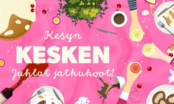 Ylhäältä päin kuvattu juhlapöytä. Pöydällä on vaaleanpunainen pöytäliina. Pöydällä osittain syöty täytekakku, ruokalautasia, juomalaseja, kahvikuppeja ja kilistelevien ihmisten käsiä. Keskellä teksti: "Kesyn KESKEN, juhlat jatkukoot!". Piirroskuva.